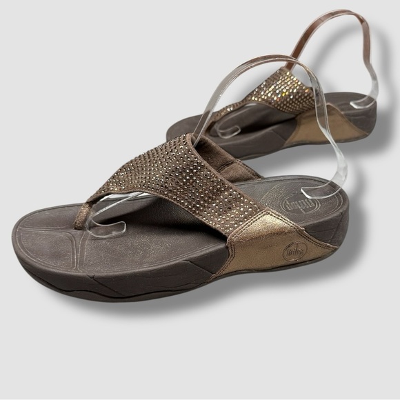 FitFlop Rokkit Leather Rhinestone Thong Sandal Size 10 Brown Thong Platform - Picture 1 of 11